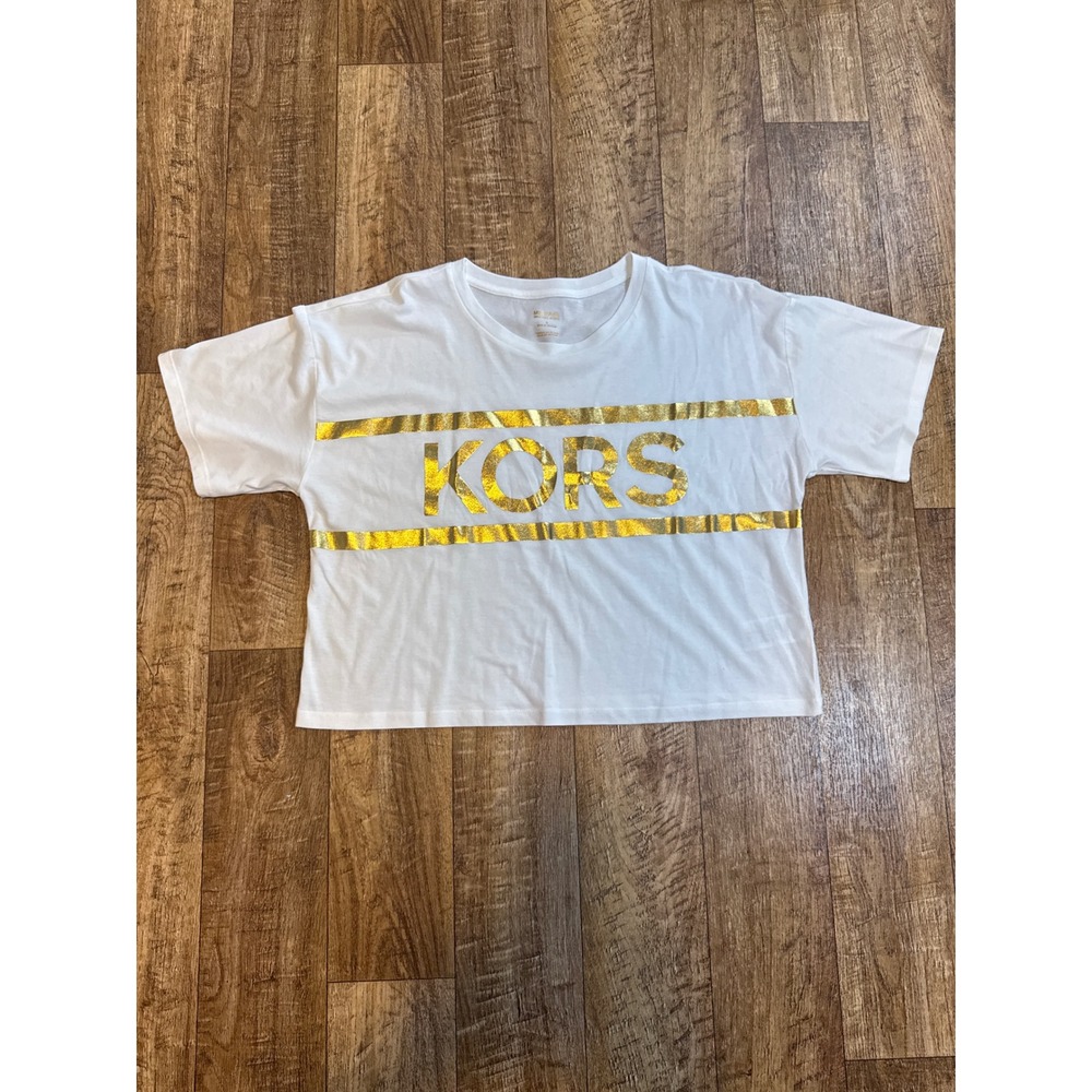 Michael Kors Womens White Gold Foil Logo Crop Top Tee Shirt Medium beach golden